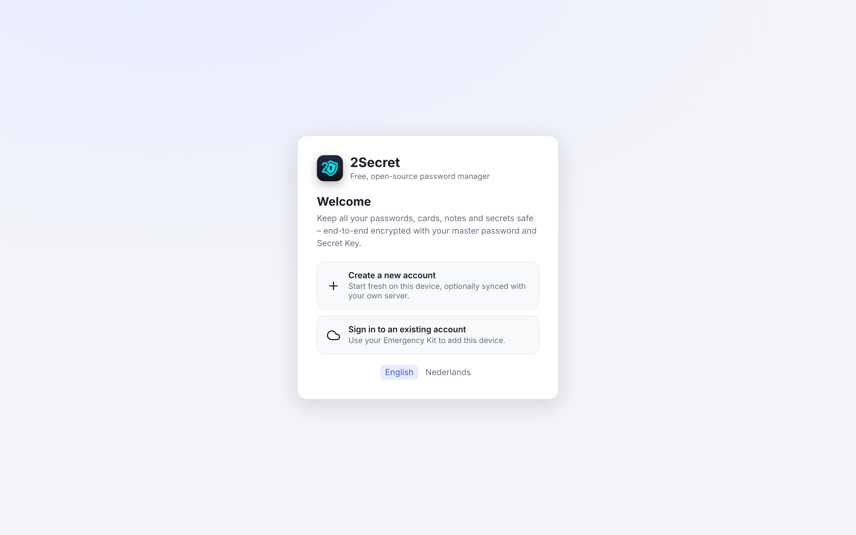 Screenshot of 2Secret: Welcome screen