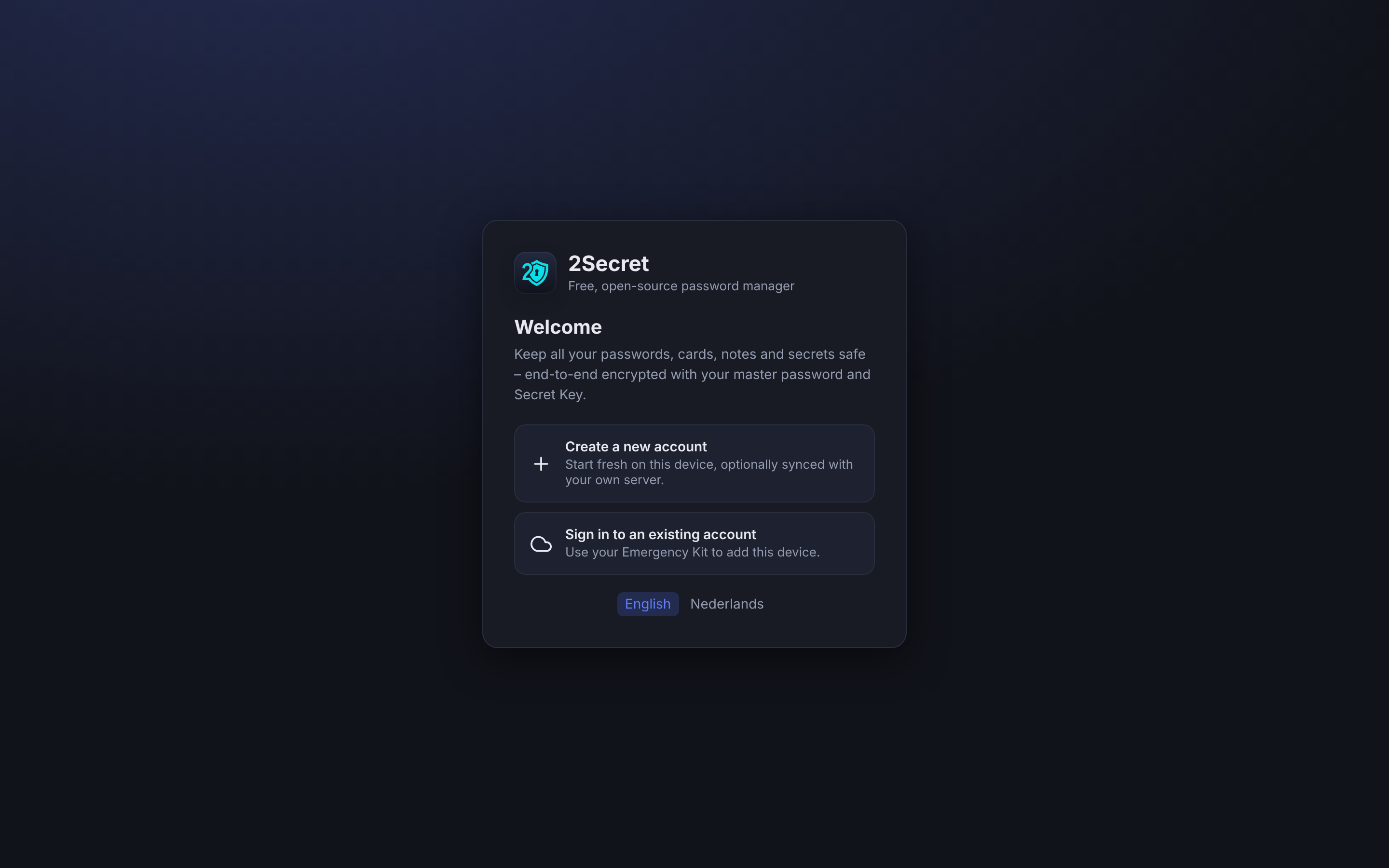 Screenshot of 2Secret: Welcome screen