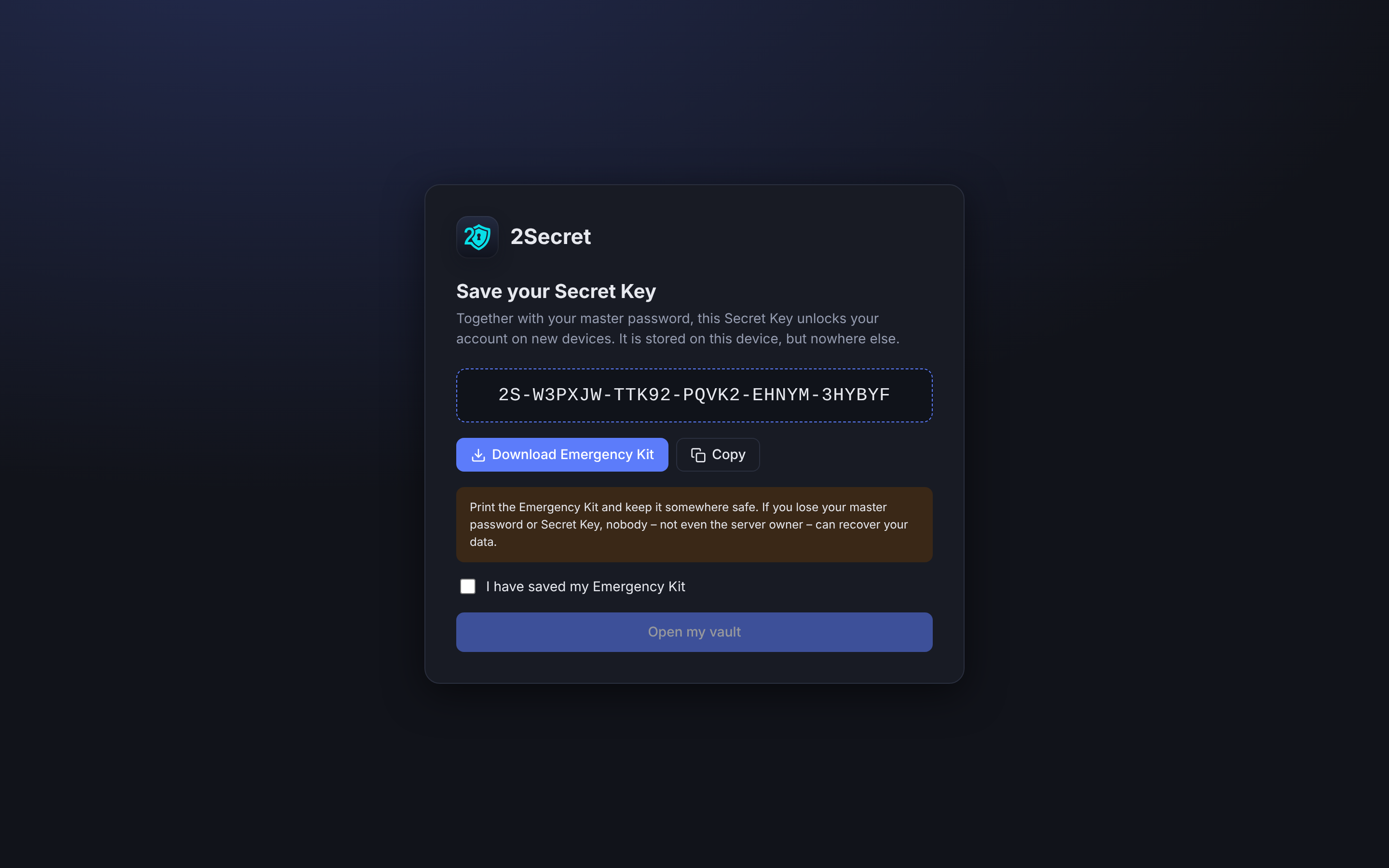 Screenshot of 2Secret: Your Secret Key and Emergency Kit