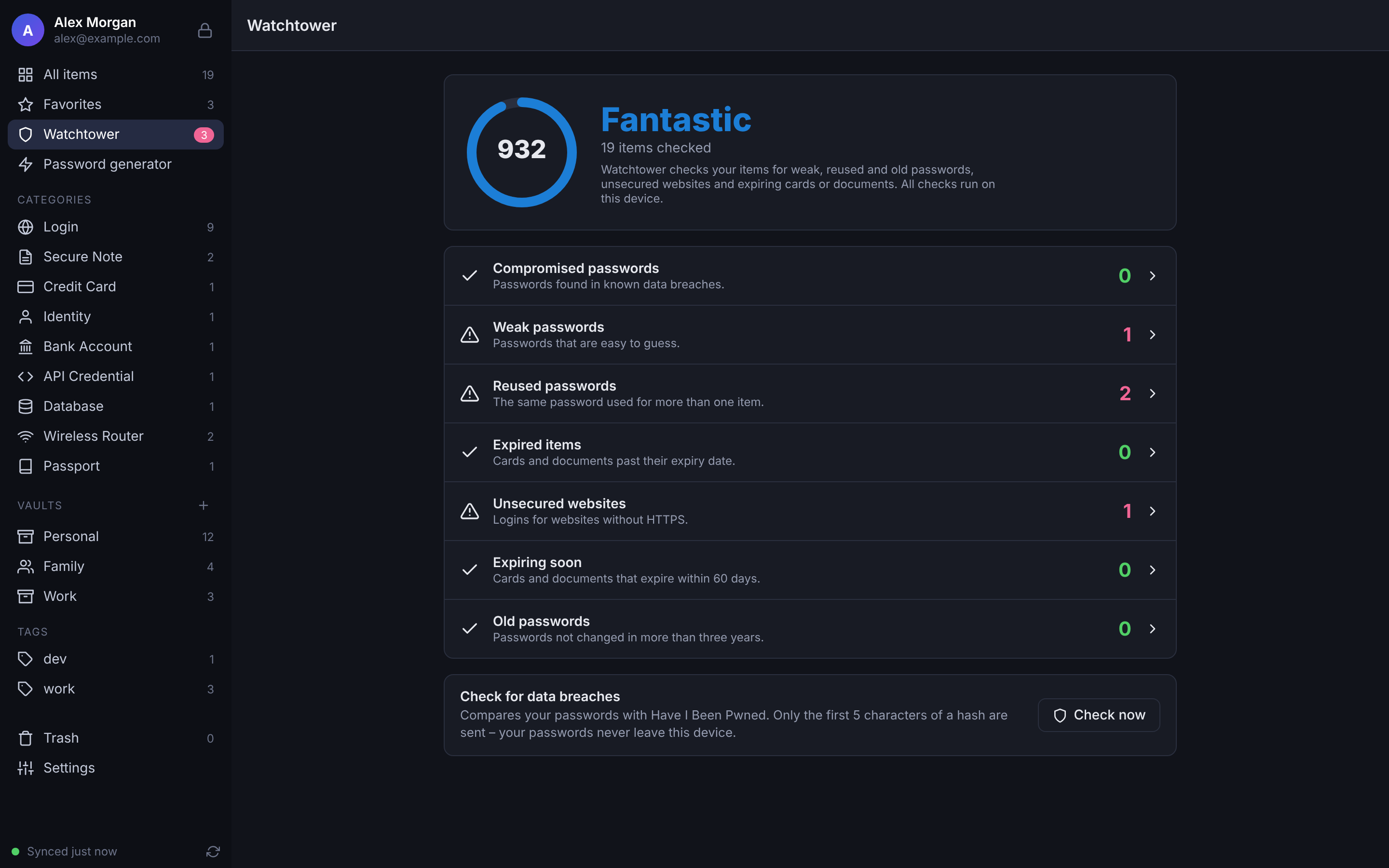 Screenshot of 2Secret: Watchtower finds weak, reused and unsafe passwords