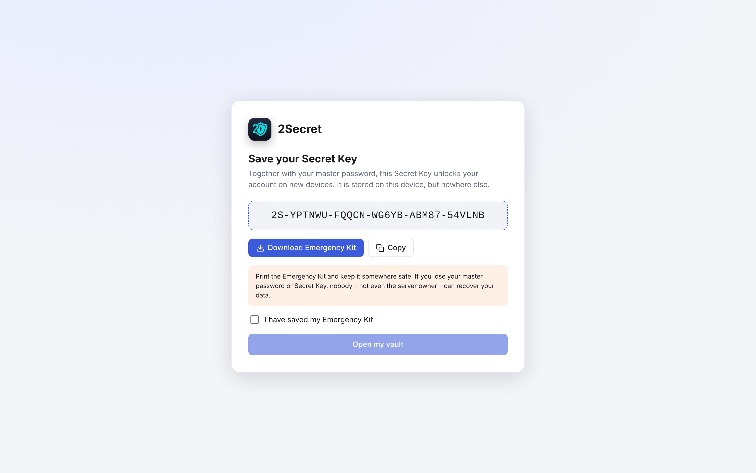 Screenshot of 2Secret: Your Secret Key and Emergency Kit
