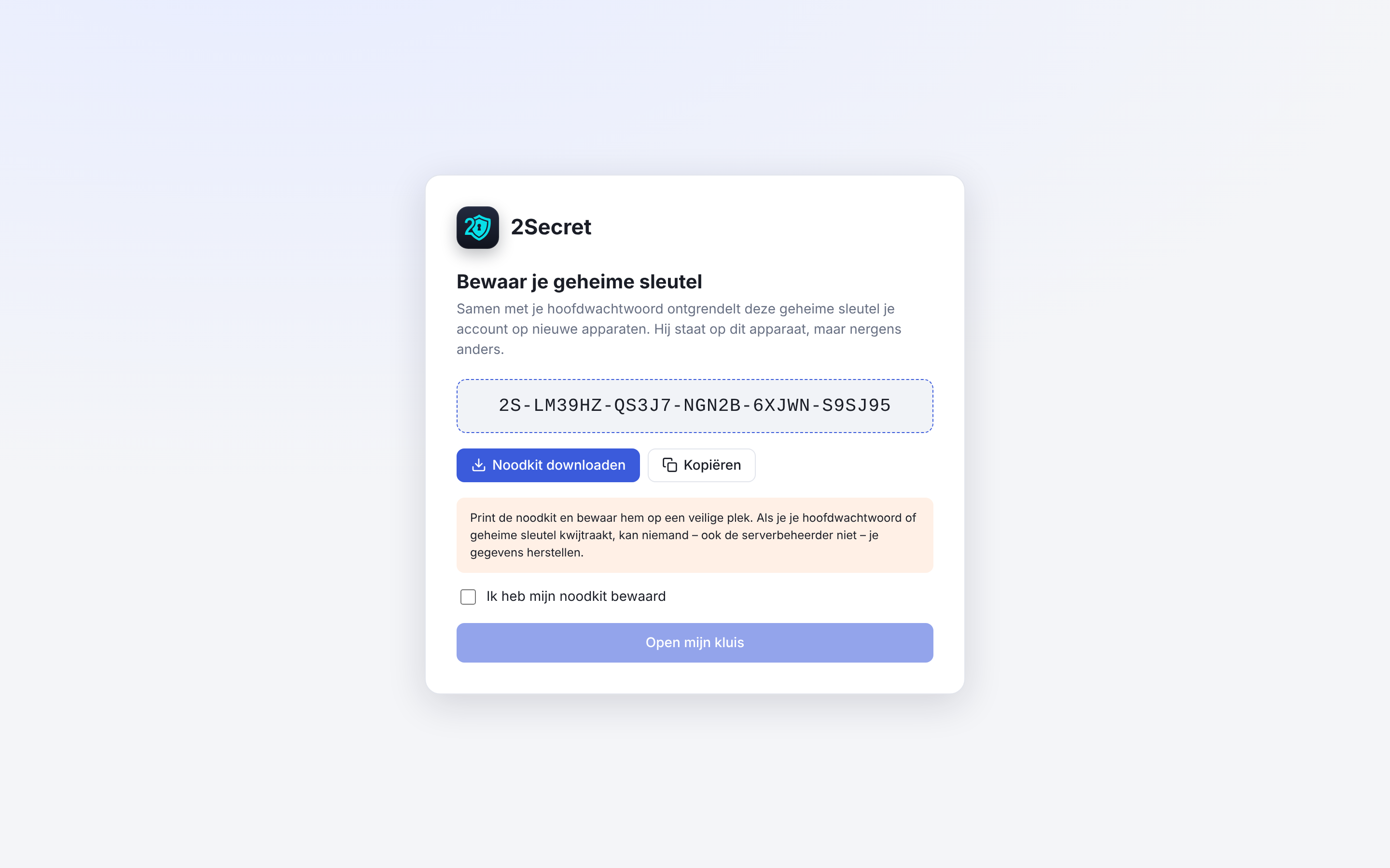 Schermafbeelding van 2Secret: Je geheime sleutel en noodkit