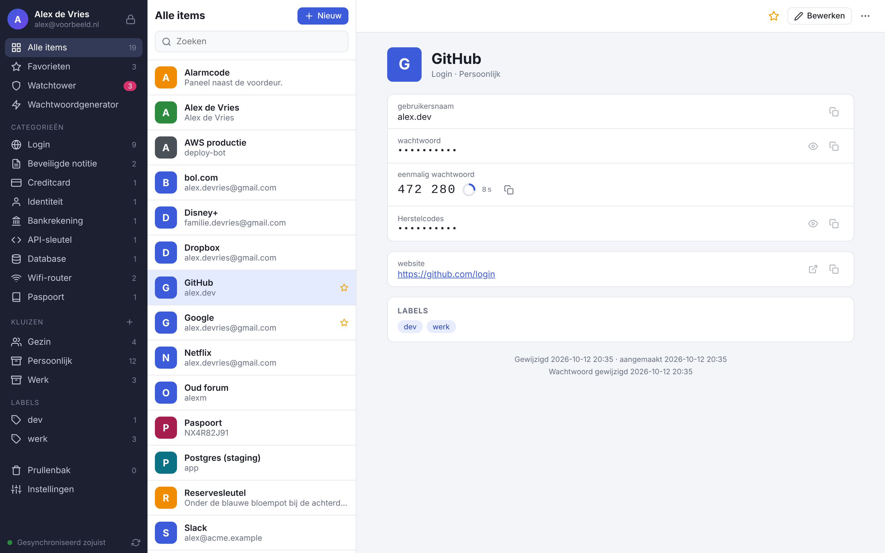 Schermafbeelding van 2Secret: Itemdetails met een live eenmalige code