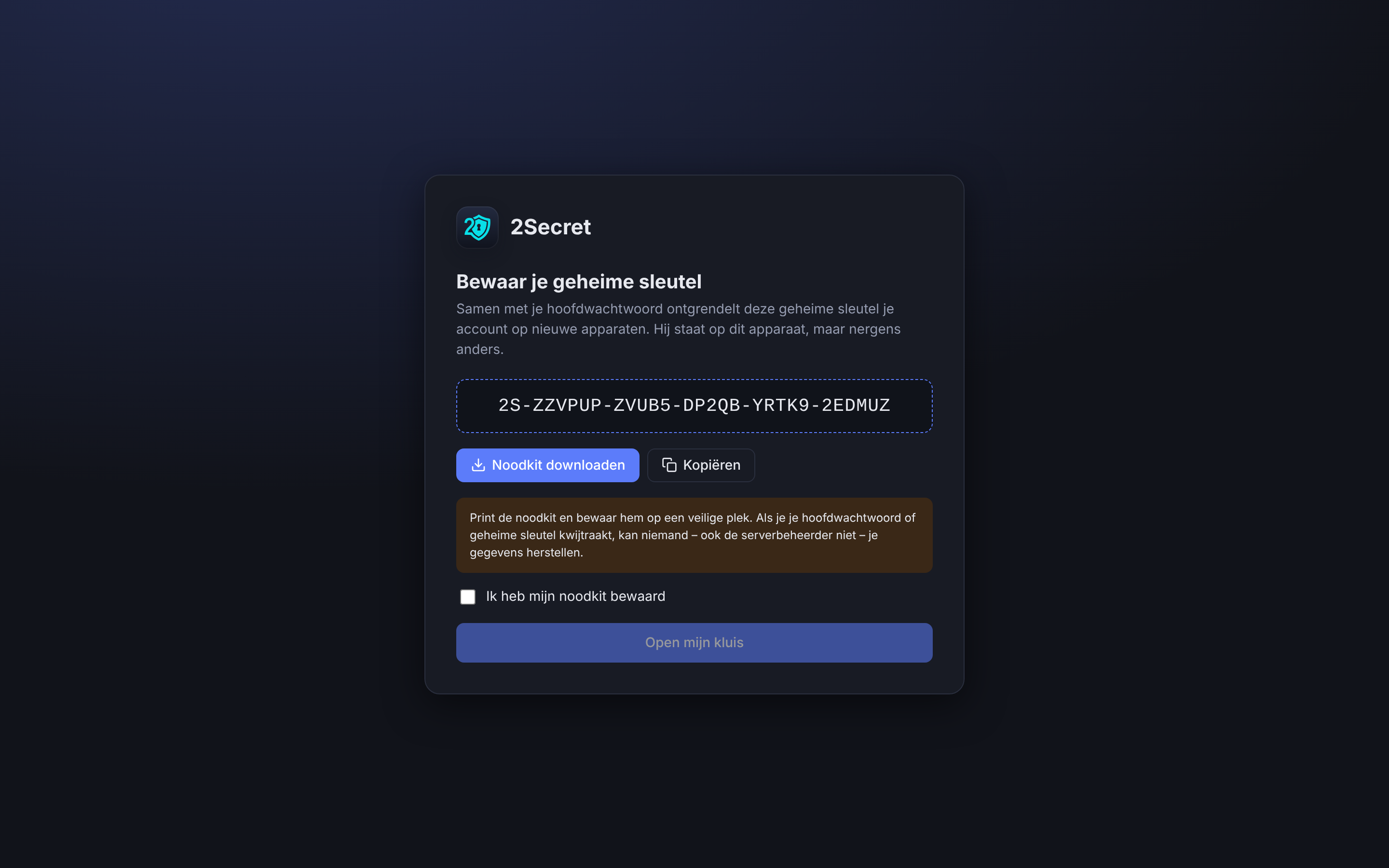 Schermafbeelding van 2Secret: Je geheime sleutel en noodkit
