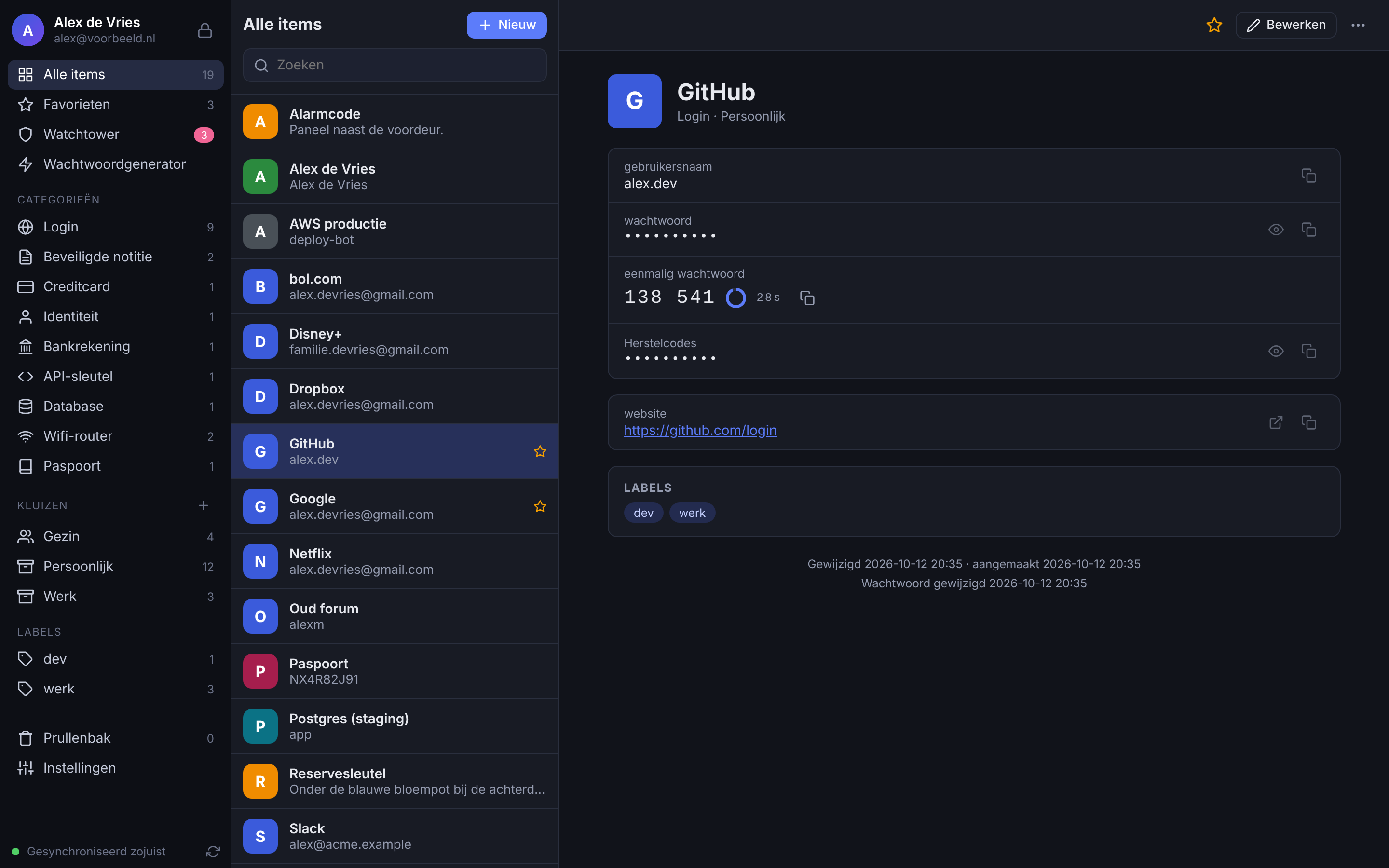 Schermafbeelding van 2Secret: Itemdetails met een live eenmalige code