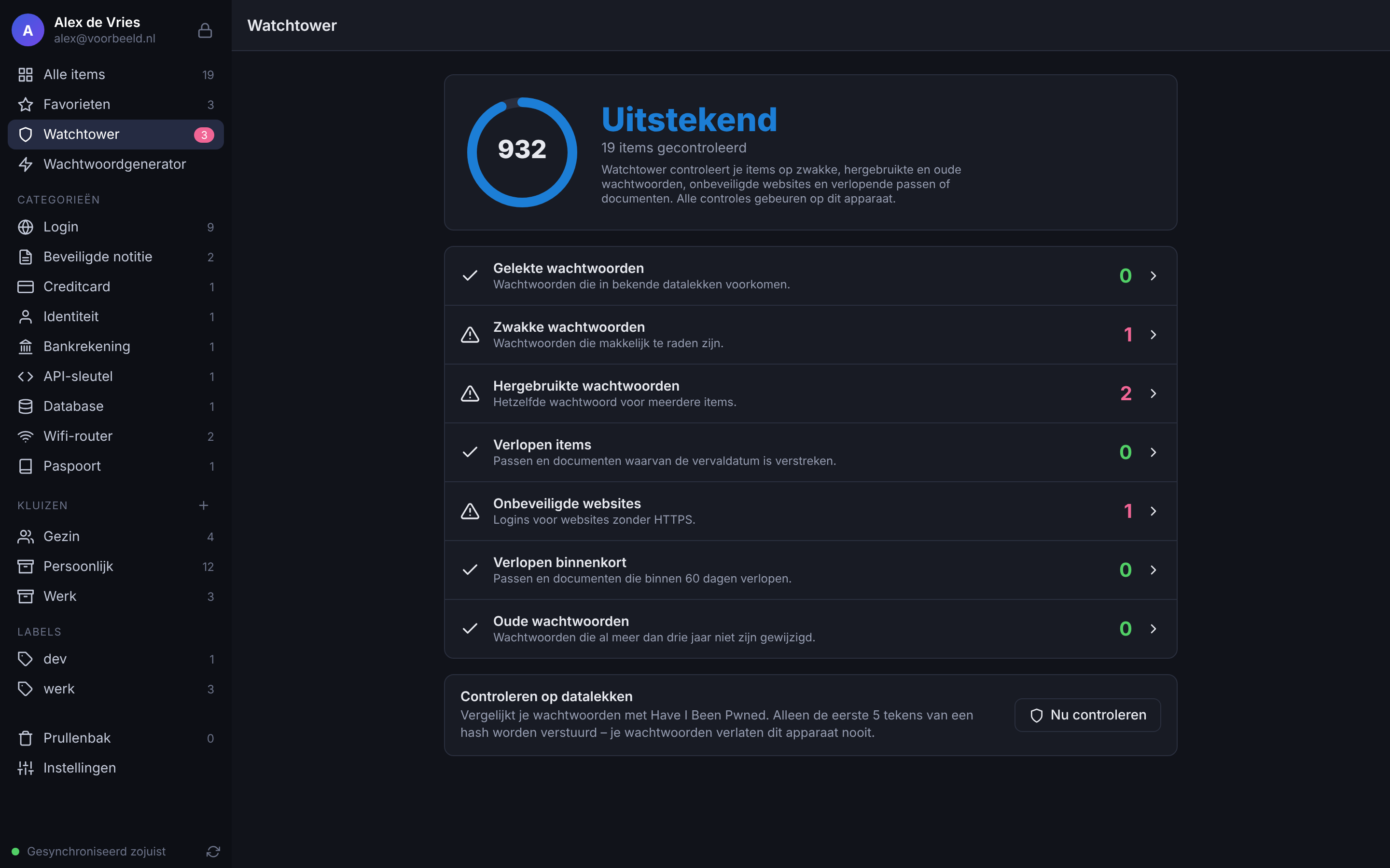 Schermafbeelding van 2Secret: Watchtower vindt zwakke, hergebruikte en onveilige wachtwoorden
