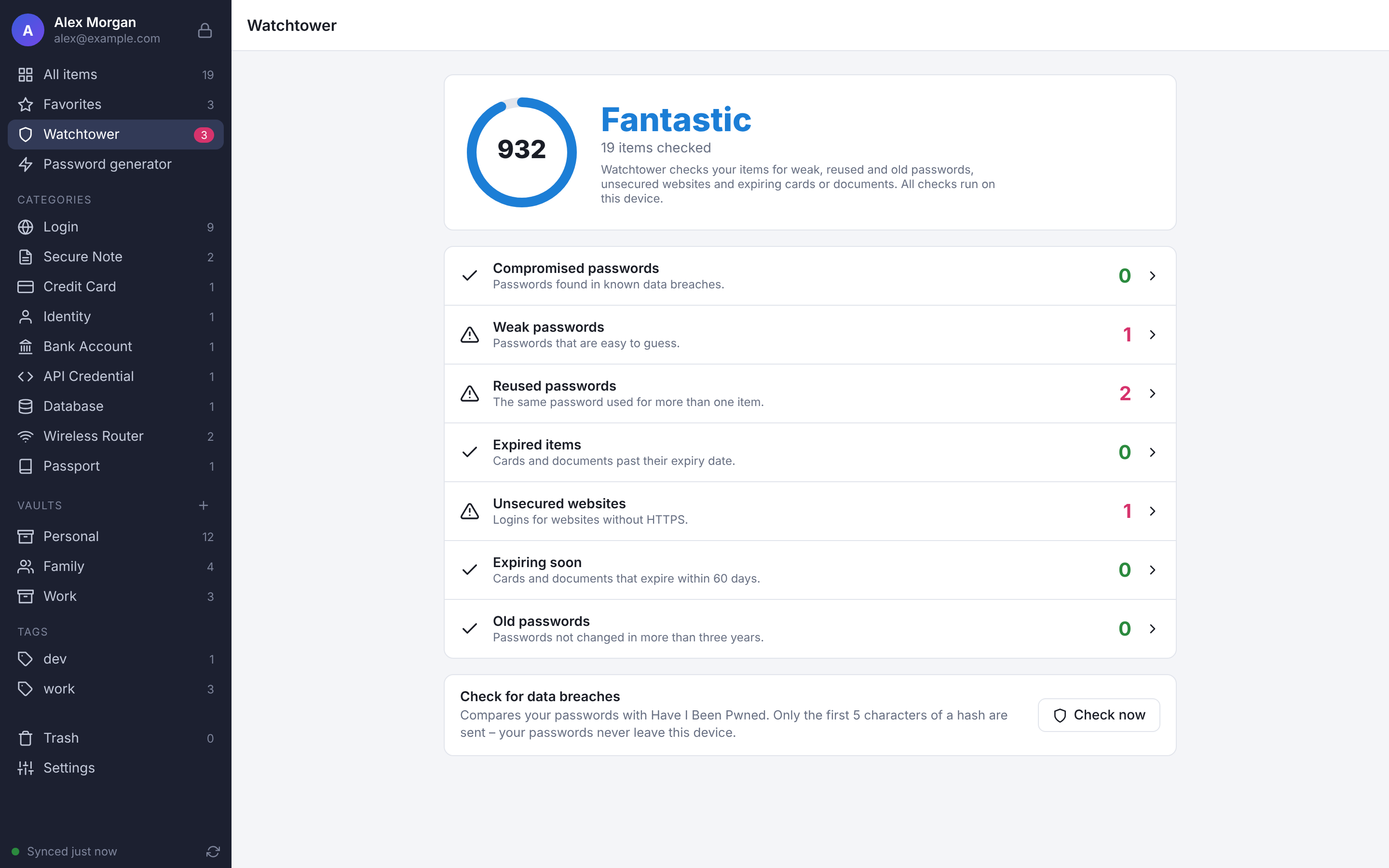 Screenshot of 2Secret: Watchtower finds weak, reused and unsafe passwords